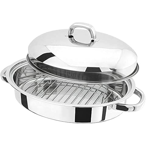 New 32cm Professional Stainless Steel Roasting Trays with Removable Rack Pan Oval Cooking Baking Sturdy Handles Cover