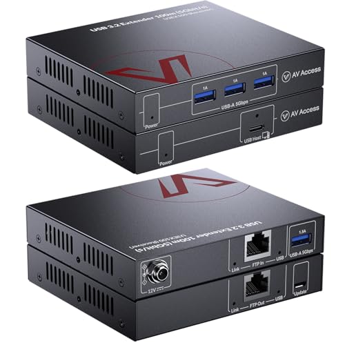 AV Access HDbaseT USB 3.2 Extender Over Ethernet Cat6a/7 100M/330FT, 4 USB 3.2 Ports 5Gbps for Long Distance Extension, 6.6FT USB C to A Cable Included, Plug&Play, Supports All Operating System, PoC