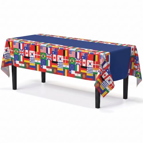 Image of Exquisite International Flag Table Cover 6 Pack 54 in. x 108 in. Rectangle Plastic Tablecloth Disposable Table Covers for Soccer World Cup Sports Nations Olympics Football Party Supplies Decorati