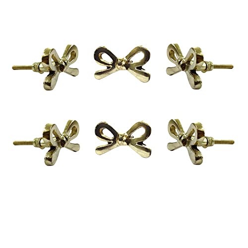 Perilla Home Set of 6 Brass Metal Knobs Decorative Bow Knobs for Home Kitchen Cabinet Hardware Cupboard Glass Door Dresser Wardrobe and Drawer Pulls