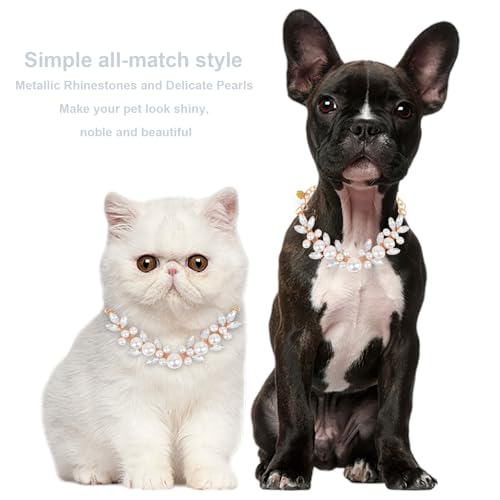 Image of HOWWFALY Dog Cat Pearl Collars with Cute Pet Paw Gold Chain Stainless Steel Collars Necklace Adjustable Collar Dog Chain Cat White Pearl Pet Collar (White, S)