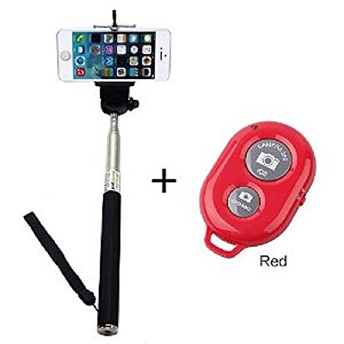 SaSaMall Extendable Camera Selfie Self Portrait Shooting Pole Adjustable Handheld Monopod Mount Holder for iPhone, Samsung, camera with 1/4 inch Screw Hole with Bluetooth Remote Camera Wireless Shutter (New Black Monopod with Red Shutter)