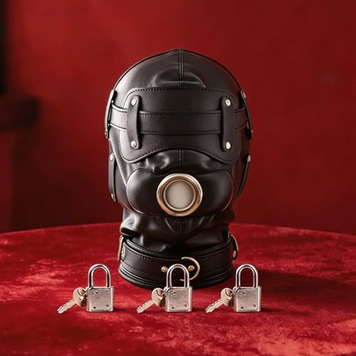 Image of FST Black Leather Bondage Hood,Full Face Blinder Detachable Cover Eye Dildo Mouth Gag Head Hood, for Unisex Adult Play