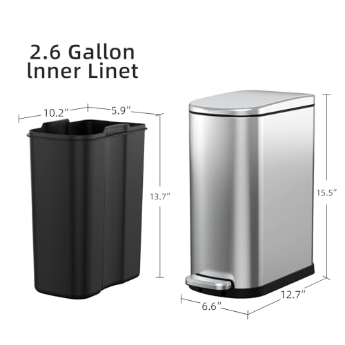 Image of KUK Slim Bathroom Trash Can with Lid, 2.6 Gallon (10 L) Stainless Steel Step Small Garbage Can with Removable Inner Bucket, Soft Close, Anti-Fingerprint Finish (Silver)
