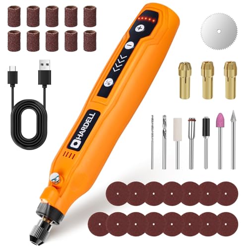 HARDELL Mini Schleifer Set, Elektrisches Multifunktionswerkzeug mit 10 Schleifhülsen, 15 Schleifscheiben, 7 Zubehörteilen, USB-Kabel, Orange