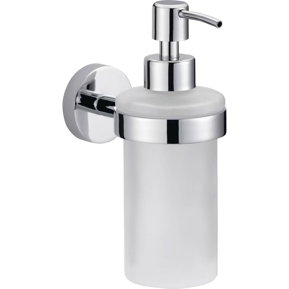 Samoprzylepny dozownik mydła tesa Smooz wykonany z chromowanego na wysoki połysk metalu, o wymiarach 170 mm x 70 mm x 126 mm