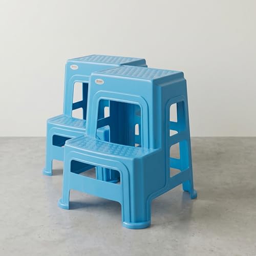 Image of Oaknest Supreme Multipurpose Plastic 2-Step Stool for Kids & Adults - Anti-Slip Lightweight Stepping Stool for Kitchen, Bathroom & Home - French Blue, 2 Piece