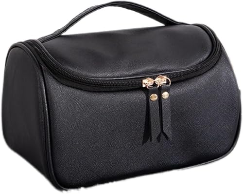 Prettiee Grande Trousse de Maquillage en Cuir PU pour Femme, Trousse de Voyage à Fermeture éclair, Trousse de Rangement pour Maquillage (Noir)
