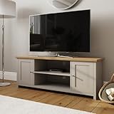 GFW Large Lancaster TV Cabinet Unit With Storage Shelves & Cupboard. Grey Living Room TV Stand With Oak Top. Wood Sideboard Media Stands. Grey & Oak Sideboard TV Unit With Rear Cable Entry (Grey)