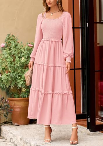 PRETTYGARDEN Fall Dresses for Women 2025 Long Sleeve Smocked Square Neck Swiss Dot Tiered Flowy Wedding Guest Maxi Dress