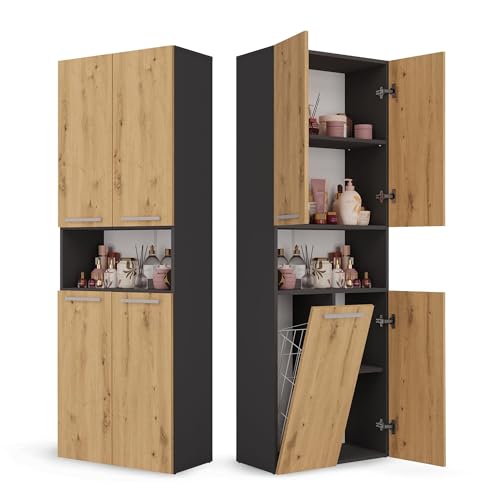 CDF Armoire Haute Salle de Bain Meuble Colonne de Salle de Bain Armoire de Rangement à 4 Portes avec Etagère Réglable pour Salon Cuisine - 60x30x174 cm...