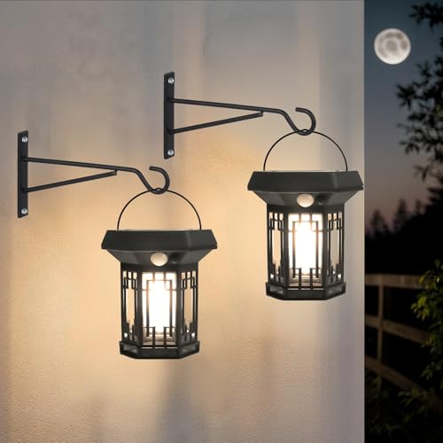 Hqynss Lanternes Solaires, Lanternes de Jardin LED Suspendues, Lumière Murale Solaire avec Capteur et 3 Modes d’Éclairage, Étanche IP65, pour Allée, Terrasse, Table, Extérieur (Pack de 2)