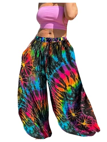 Verdusa Women's Plus Size Tie Dye Hip Hop Wide Leg Baggy Pants Hippie Loose Trousers with Pockets