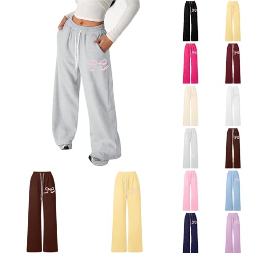 Girls Bowknot Baggy Sweatpants Lightweight Straight Leg Athletic Pants Wide Leg Cute Y2k Casual Trousers with Pockets