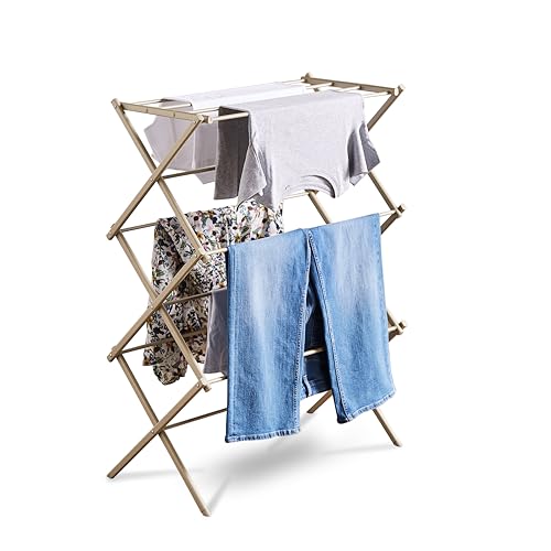 Tower T873020MSH 3 Tier Compact Airer with 11 Drying Rods, Racks for Shoes, Foldable Design, Anti-Slip Feet, Weight Capacity 10kg, Latte