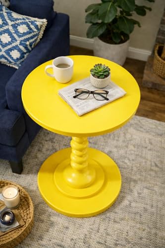 Image of Kundi Round Coffee End Table for Living Room - Modern Brown Accent Pedestal Side Table for Bedroom & Home Decor (Yellow)