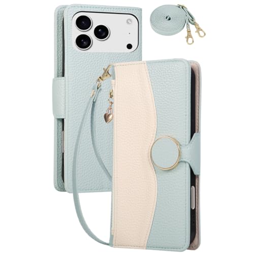 Étui portefeuille magnétique iPhone 17 vert avec cordon long bandoulière