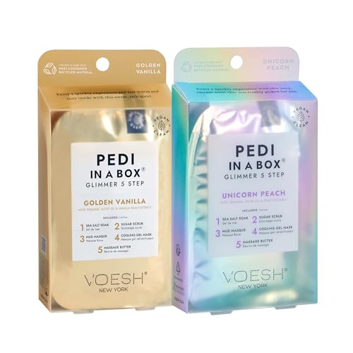 VOESH Pedi in a Box Glimmer - 2 Packs Variety Pack Pedi in a Box Spa Pedicure Kit Sparkly Pedicure DIY Pedi Foot Care At-Home Pedi Products Vegan Skincare