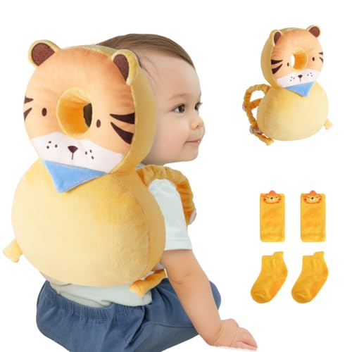Image of JumiLux Baby Head Protector Backpack (9 to 24 Months) - Cute Head Guard Pillow with Knee Pads and Socks, Crawling and Walking Safety Set, Toddler Head Cushion Backpack, Baby Gift, Yellow Lion