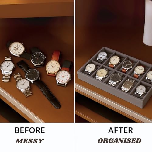 Image of 10 Slot Watch Organizer Tray for Watches, Grey | Tray keeps watches, smartwatches, bracelets and accessories arranged neatly in wardrobe, closet, dresser or dressing table
