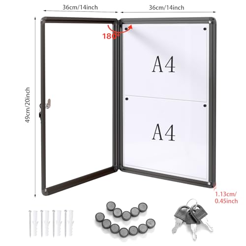 Image of SwanSea Notice Board with Key, Community Notice Board, Black Frame, Magnetic, Bulletin Cabinet, with Lock, 49 x 36 cm (2 x A4)