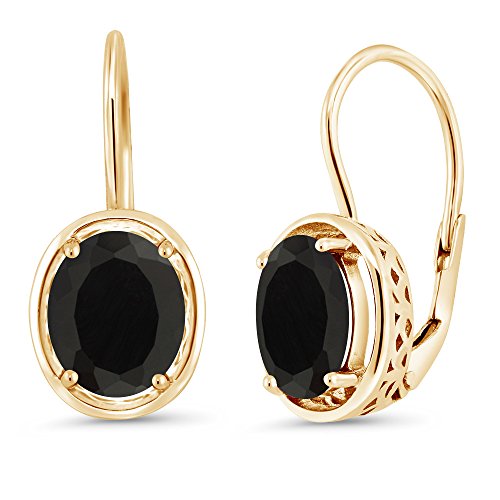 Gem Stone King Black Onyx 18K Yellow Gold Plated Silver Dangle Earrings, 4.00 Ct Oval 9X7MM