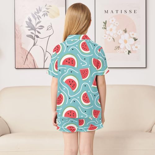 ALAZA Watermelon Slices Blue Satin Pajamas Set Short Sleeve Button Down Sleepwear Summer Pjs 2 Piece4