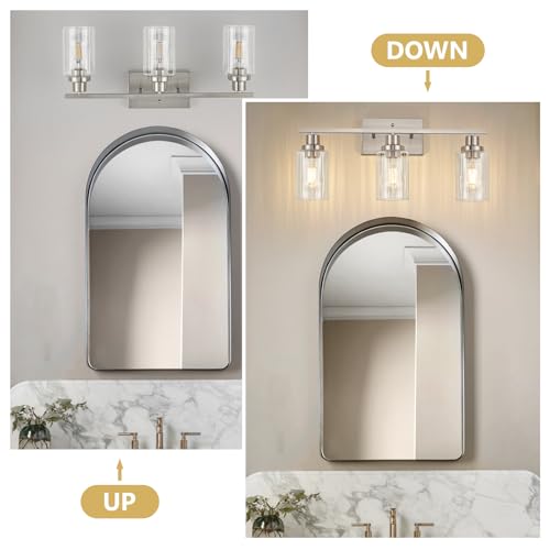 Image of Jonsi 3 Light Brushed Nickel Bathroom Vanity Lights with Fluted Glass Shade, Modern Nickel Bathroom Lights Over Mirror