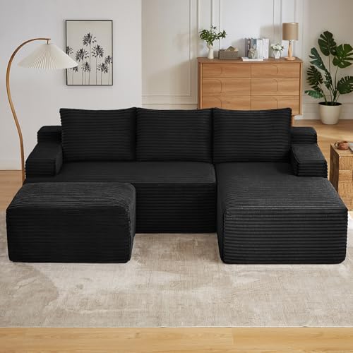 Image of 96 inch W Cloud Sectional Couch with Ottoman,Modern U-Shaped Cloud Couch with Side Pockets,Comfy Corduroy Sofa,Memory Foam Sofa for Living Room,No Assembly (Black,Right-Facing Chaise)