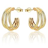 USEEDOVIA Sterling Silver Gold Hoop Earrings for Women, Huggie Chunky Triple Hoop Earrings Hypoallergenic Lightweight 18k Gold Plated Claw Hoop Earrings Birthday Gifts for Her Girls