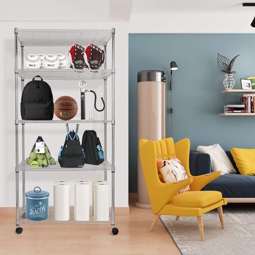 Image of Simple Deluxe Heavy Duty 5-Shelf Storage Shelves, 1750Lb Loading Capacity, 35.43 inch W x 17.72 inch D x 70.87 inch H Adjustable Shelving Unit with Wheels, Chrome