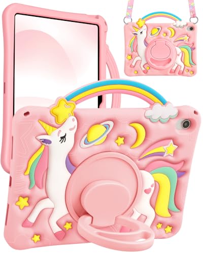 Boaretiu for iPad A16 Case/10th Generation Case - Girls Teens Cute Cartoon Rainbow Unicorn 10.9 Inch 2022 Tablet Cover with Strap & Rotating Stand Soft 3D Silicone Funda for iPad 11th 11 Inch 2025