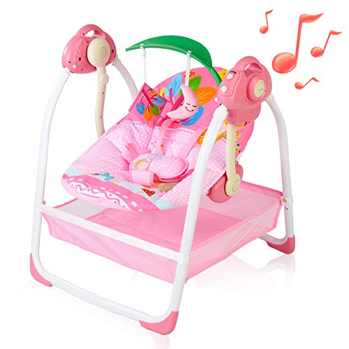 Image of Baby Swing for Infants, Portable Baby Swing with 6 Motions, Toddler Swing with Music, Sounds, Timing, Baby Rocker with 2 Toys, Plsuh Seat & Soft Head Support, Machine Washable Fabric (Pink)