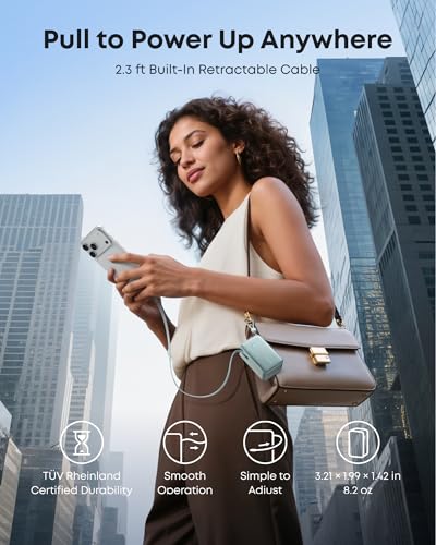 Image of Anker Nano External Battery 10000mAh with Retractable InstaCord Cable 70cm, Compact Power Bank 45W Max Power Bank, Smart Display, for iPhone 16 Pro Max, iPad, Galaxy, Pixel