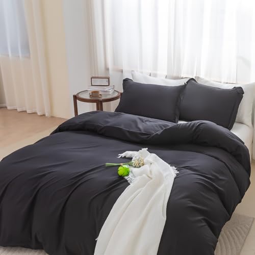 Image of SheRest Black Duvet Cover Full Size - Soft Brushed Microfiber, 3 Pieces, 1 Duvet Cover 80x90 Inches with Zipper Closure 8 Ties & 2 Pillow Shams, Breathable Bedding Set for All Season (No Comforter)