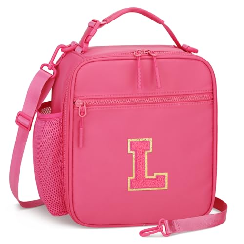 CLOUDWINGS Initial Insulated Lunch Bag for Girls Kids, Back to School Gift, Reusable Leak-proof Lunch Box with Adjustable Strap for School Daycare Travel Picnic (Rosy Red,L)