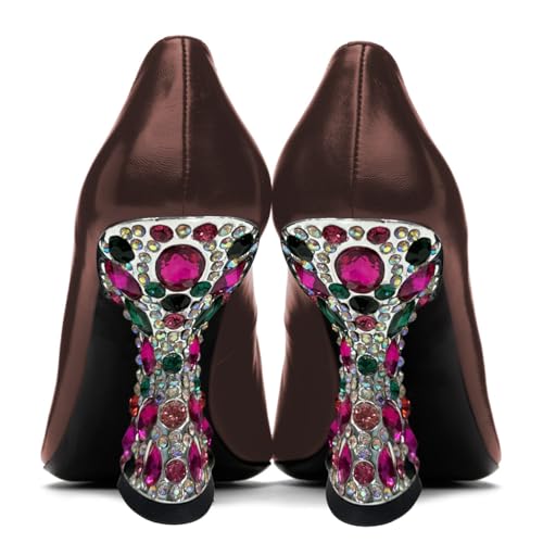 YDN Women Dressy Pumps Studded Slip On Rhinestone Special Chunky High Heels Pointed Toe Shoes Party Working Evening Size 4-16 US4