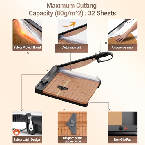 12 Inch Heavy Duty Paper Cutter, Wood Guillotine Paper Cutter & Paper Trimmer, 30 Sheets Capacity Paper Cutting Board for Classroom, Crafting, Cardstock Black image 7