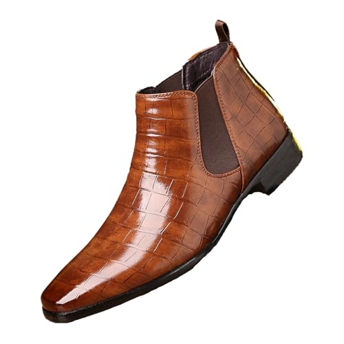 Men's Leather Print Slip On Chelsea Boots Comfortable High Top Pointed Toe Elastic Band Pull On Business Casual Dress Ankle Boots