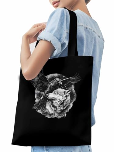 Canvas Tote Bag, Vintage Wolf Crow Print Aesthetic Canvas Tote Handbags for Women Shoulder Bag,3