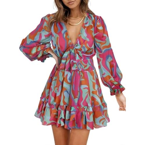 Dokotoo Womens Fall Fashion 2024 Deep V Neck Knotted Tiered Chiffon Elegant Mini Short Swing Skater Dress Wedding Guest Dress