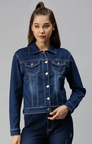 Image of SHOWOFFFF Women Solid Denim Jacket | Spread Collar Full Sleeves Cotton Jacket for Womens | Regular Fit Regular Length Jacket for Women's