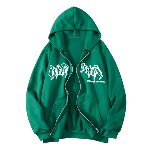 Chaqueta de invierno y otoño 2025 con capucha y cremallera, sudadera de hip hop, con estampado gótico, chaqueta con capucha, moda urbana, unisex, con cordón y capucha de los años 90 E Girl, verde, L