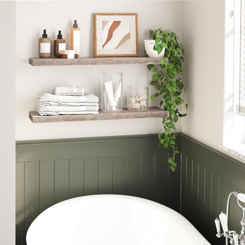 Image of HOOBRO Floating Shelves for Wall, Wall Mounted Shelf Set of 2, 31.5 inch Hanging Shelf with Invisible Brackets, for Wall Decor Storage in Bathroom Bedroom Kitchen Living Room Office, Greige BG80BJP201