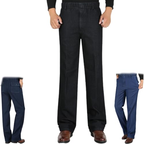 Mens Elastic Waist Fleece Lined Jeans for Seniors, Men Casual Warm Slim Fit Pull On Stretch Straight Leg Denim Pants