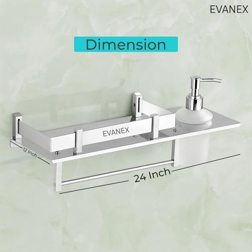 Image of EVANEX Bathroom Shelf | 5x15 Inch 304 Stainless Steel Wall Mount Bathroom Organizer with Towel Hanger, Liquid Soap & Shampoo Dispenser Holder | 3 in 1 Multipurpose Bathroom Rack