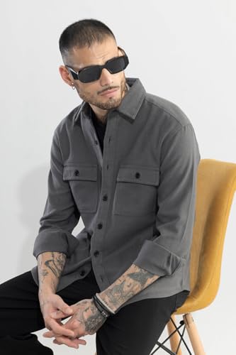 Image of SNITCH Mens Overshirt | Full Sleeve, Long Sleeve, Spread Collar, Plain Pattern, Buttoned Closure, Regular Fit | Cotton, Casual Wear, College Wear, Street Wear