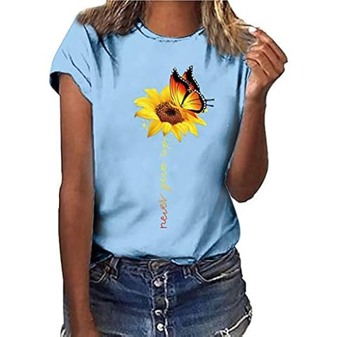 Womens Sunflower T-Shirts Graphic Floral Print Tunic Tops Casual Ladies Short Sleeve Round Neck Tee Tops Basic Blouse Light Blue Cover