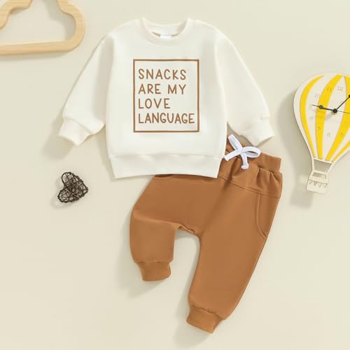 Baby Boy Fall Clothes Set Long Sleeve Letter Print Sweatshirt Pants Toddler Infant Outfits 6 12 18 24 Months 2T (Solid Letter Khaki, 6-12 Months)