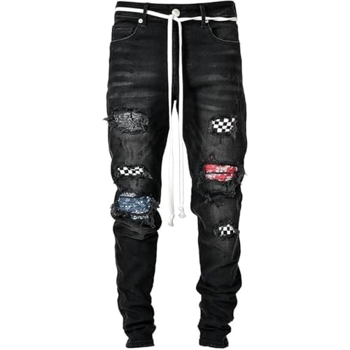 Ripped Punk Goth Zipper Jeans Men's Fashion All Match Hip Hop Tapered Slim Denim Ripped Motorcycle Biker Jeans